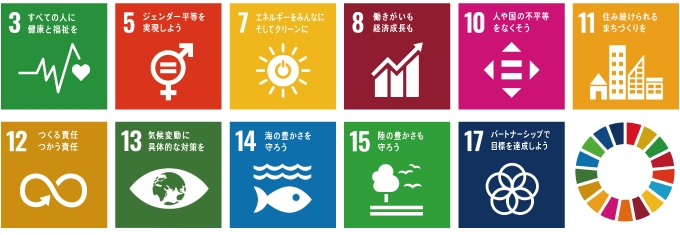 3 すべての人に健康と福祉を、5 ジェンダー平等を実現しよう、7 エネルギーをみんなに。そしてクリーンに、8 働きがいも経済成長も、10 人や国の不平等をなくそう、11 住み続けられるまちづくりを、12 つくる責任、つかう責任、13 気候変動に具体的な対策を、14 海の豊かさを守ろう、15 陸の豊かさも守ろう、17 パートナーシップで目標を達成しよう