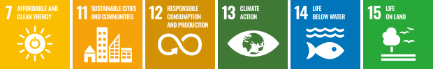 Goal 7: Affordable and Clean Energy, Goal 11: Sustainable Cities and Communities, Goal 12: Responsible Consumption and Production, Goal 13: Climate Action, Goal 14: Life Below Water, Goal 15: Life on Land