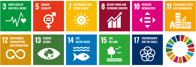 Our Group's objectives (Goal 3: Good Health and Well-Being, Goal 5: Gender Equality, Goal 7: Affordable and Clean Energy, Goal 8: Decent Work and Economic Growth, Goal 10: Reduced Inequalities, Goal 11: Sustainable Cities and Communities, Goal 12: Responsible Consumption and Production, Goal 13: Climate Action, Goal 14: Life Below Water, Goal 15: Life on Land, Goal 17: Partnerships)