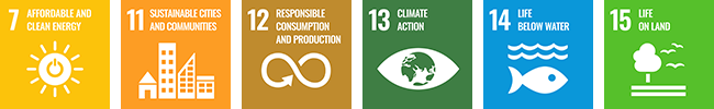 7 Affordable and Clean Energy 11 Sustainable Cities and Communities 12 Responsible Consumption and Production 13 Climate Action 14 Life Below Water 15 Life On Land