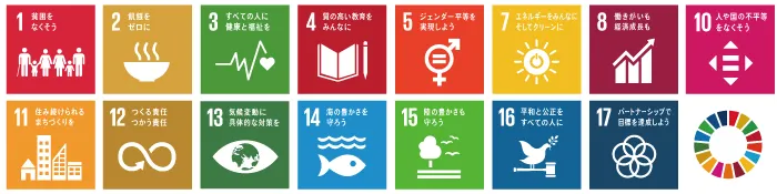 3 すべての人に健康と福祉を、5 ジェンダー平等を実現しよう、7 エネルギーをみんなに。そしてクリーンに、8 働きがいも経済成長も、10 人や国の不平等をなくそう、11 住み続けられるまちづくりを、12 つくる責任、つかう責任、13 気候変動に具体的な対策を、14 海の豊かさを守ろう、15 陸の豊かさも守ろう、17 パートナーシップで目標を達成しよう