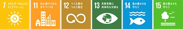 7 エネルギーをみんなに。そしてクリーンに、11 住み続けられるまちづくりを、12 つくる責任、つかう責任、13 気候変動に具体的な対策を、14 海の豊かさを守ろう、15 陸の豊かさも守ろう