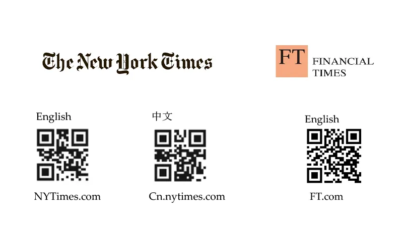 Left image: QR code for The New York Times in English and Chinese. Right image: QR code for the Financial Times in English.